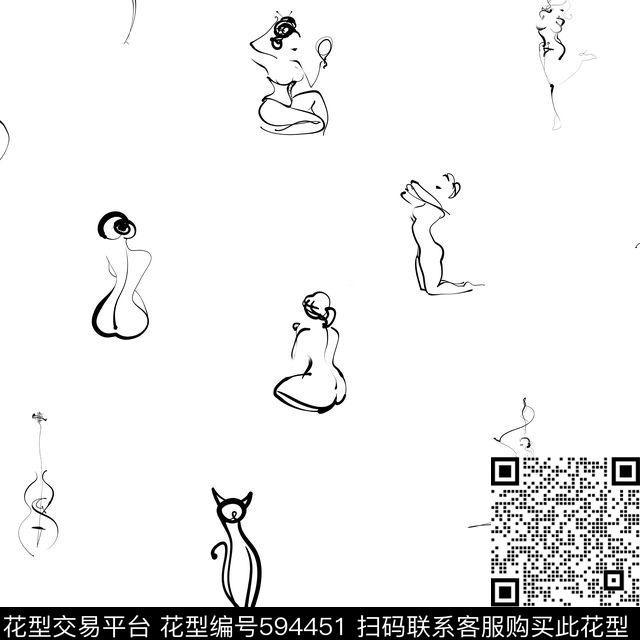 趣味黑白线条传统印花华亿平台下载（图片编号: 594451） - 瓦栏（Walan）