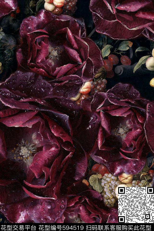 玫瑰花卉宫廷数码印花华亿平台下载（图片编号: 594519） - 瓦栏（Walan）