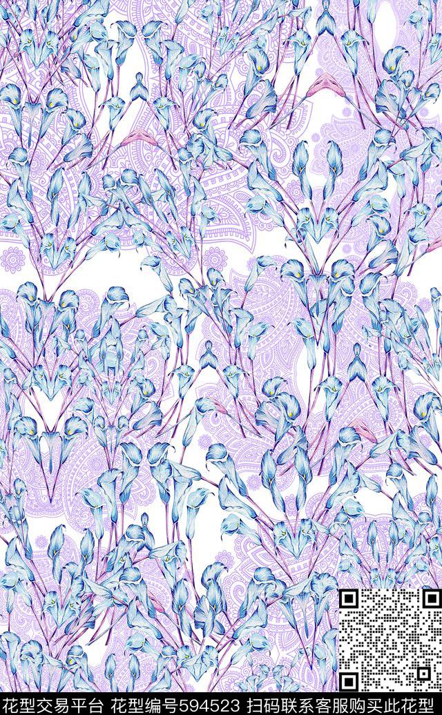花卉花丛风格化花卉百合数码印花华亿平台下载（图片编号: 594523） - 瓦栏（Walan）