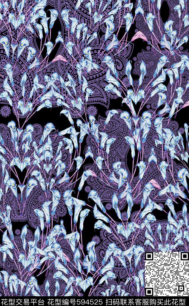 花卉花丛风格化花卉百合数码印花华亿平台下载（图片编号: 594525） - 瓦栏（Walan）