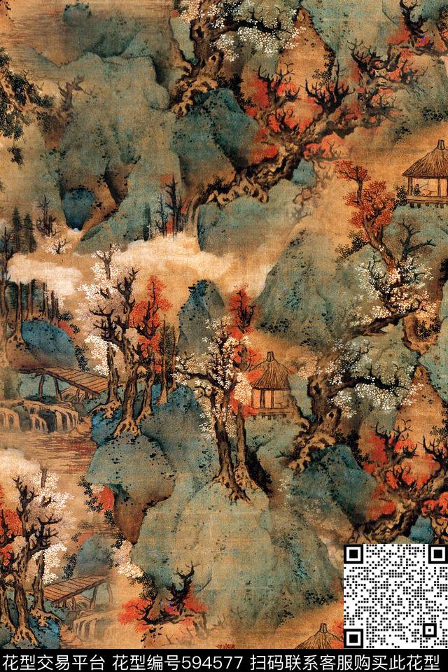 古典绘画山水中国风数码印花华亿平台下载（图片编号: 594577） - 瓦栏（Walan）