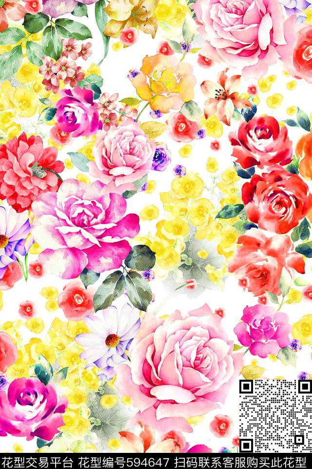 手绘水彩玫瑰小碎花数码印花华亿平台下载（图片编号: 594647） - 瓦栏（Walan）