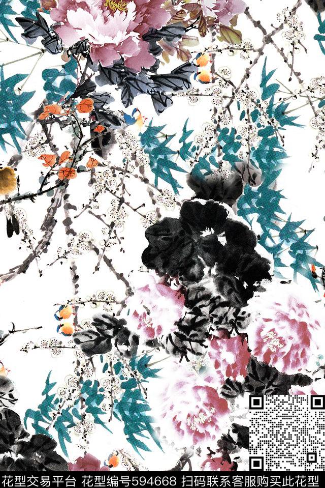 花朵水彩牡丹数码印花华亿平台下载（图片编号: 594668） - 瓦栏（Walan）