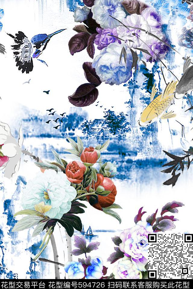 花卉花朵竹叶数码印花华亿平台下载（图片编号: 594726） - 瓦栏（Walan）