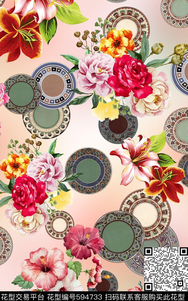 花朵水彩素雅印花华亿平台下载（图片编号: 594733） - 瓦栏（Walan）