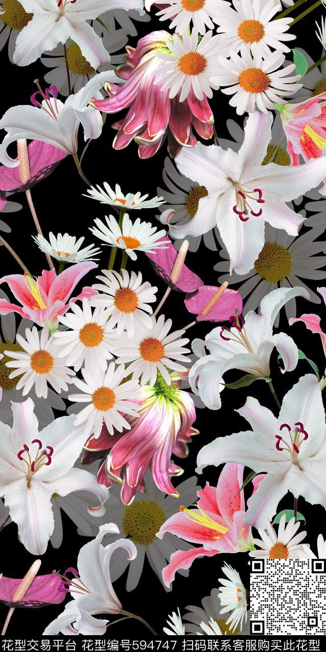 黑底【花卉】赏金设计狮花卉数码印花华亿平台下载（图片编号: 594747） - 瓦栏（Walan）