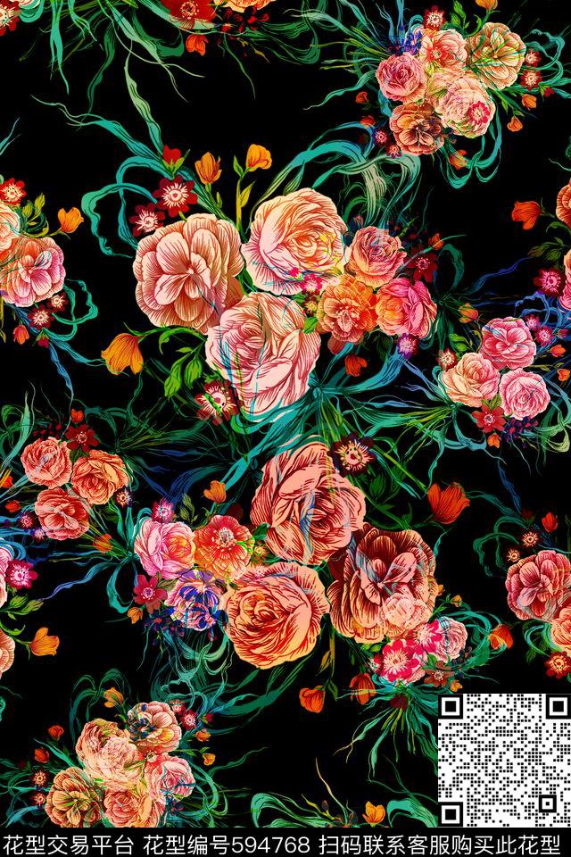 花朵高档清新手绘花卉数码印花华亿平台下载（图片编号: 594768） - 瓦栏（Walan）