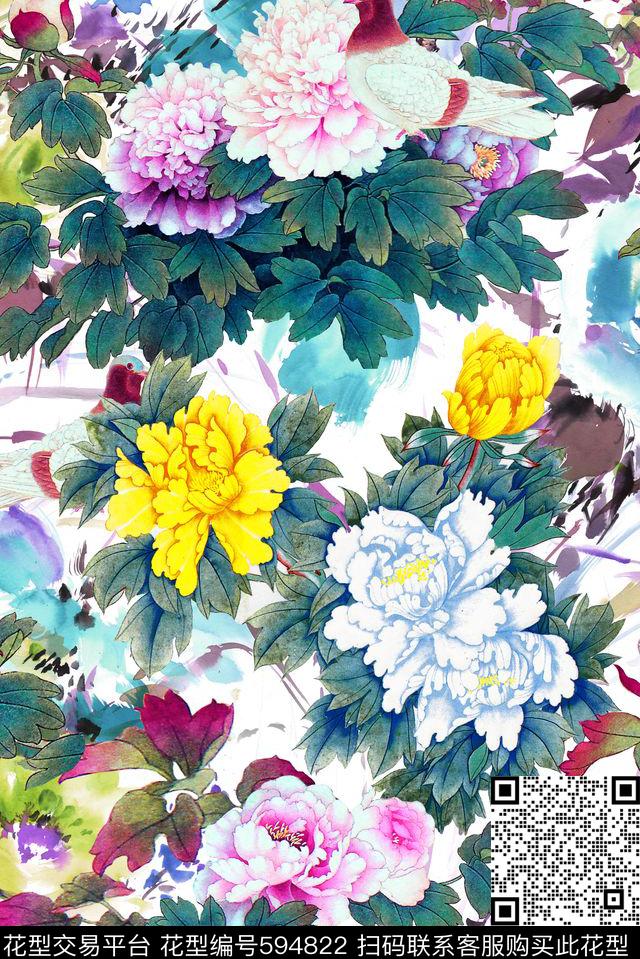鸟牡丹花朵数码印花华亿平台下载（图片编号: 594822） - 瓦栏（Walan）