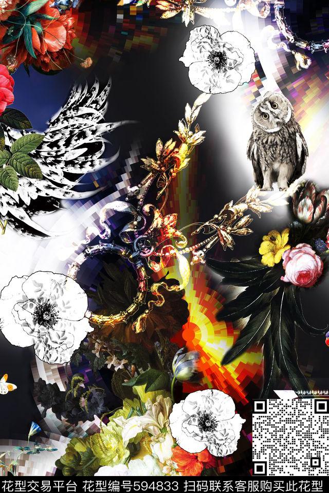 时尚油画花卉复古元素猫头鹰数码印花华亿平台下载（图片编号: 594833） - 瓦栏（Walan）