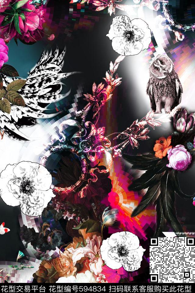时尚油画花卉复古元素猫头鹰数码印花华亿平台下载（图片编号: 594834） - 瓦栏（Walan）
