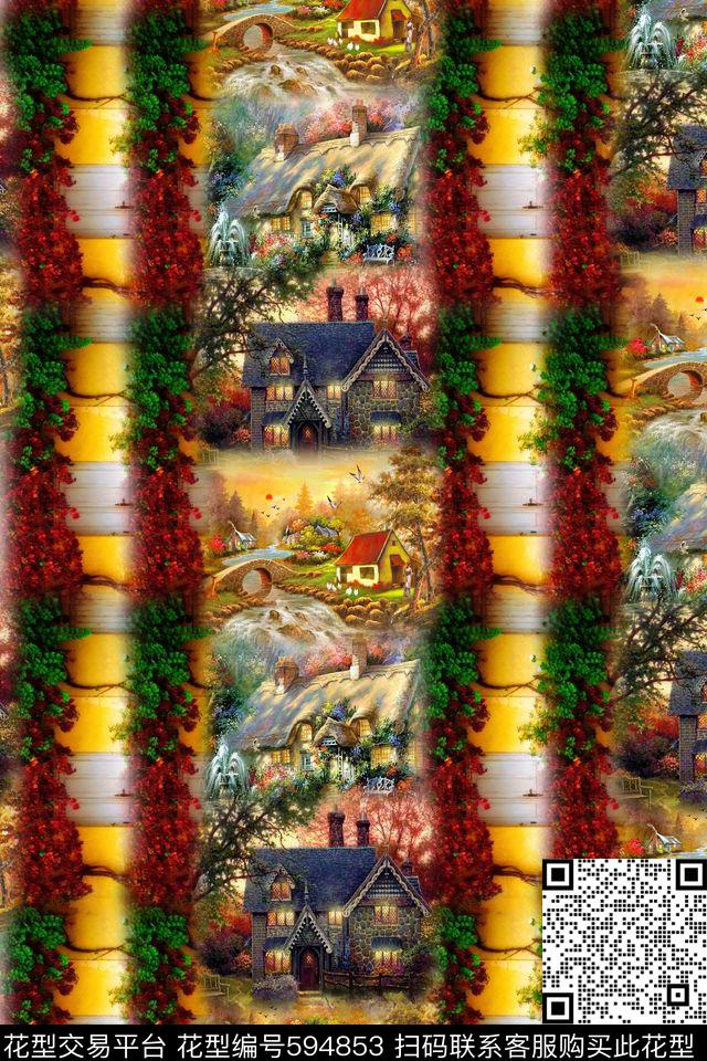 油画房屋田园数码印花华亿平台下载（图片编号: 594853） - 瓦栏（Walan）