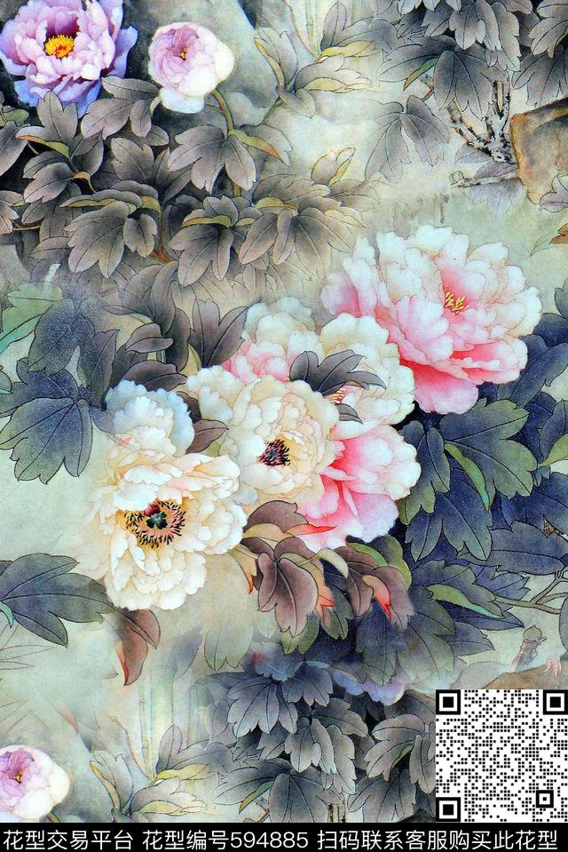 工笔画花鸟牡丹数码印花华亿平台下载（图片编号: 594885） - 瓦栏（Walan）