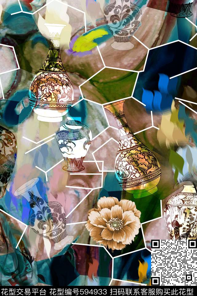 玫瑰几何拼贴手绘数码印花华亿平台下载（图片编号: 594933） - 瓦栏（Walan）