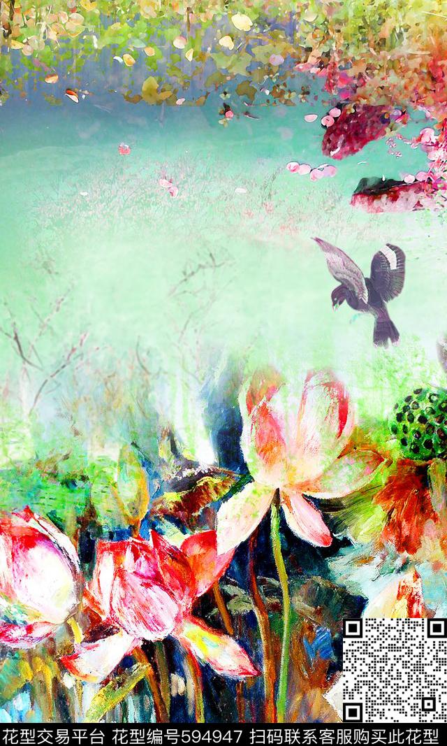 荷花花卉油画花卉数码印花华亿平台下载（图片编号: 594947） - 瓦栏（Walan）