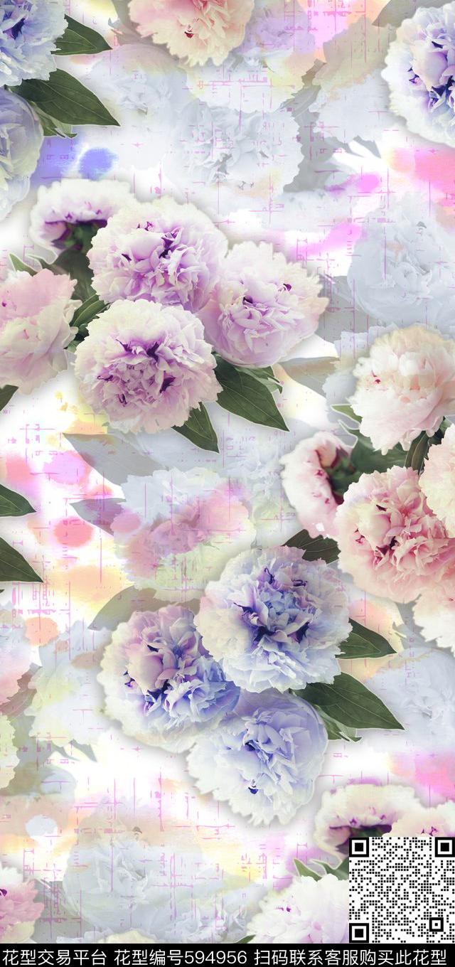 流行时尚牡丹花朵数码印花华亿平台下载（图片编号: 594956） - 瓦栏（Walan）