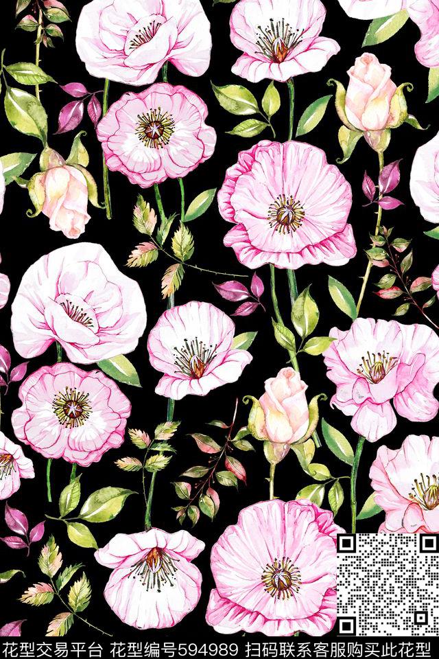 流行色浪漫花卉水晶粉传统印花华亿平台下载（图片编号: 594989） - 瓦栏（Walan）