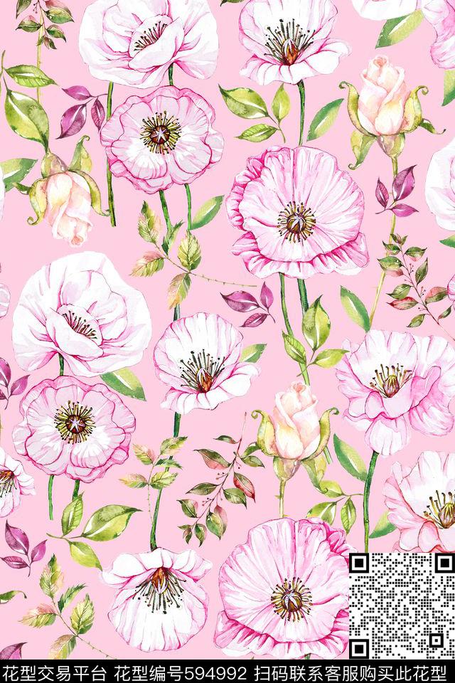 流行色浪漫花卉水晶粉传统印花华亿平台下载（图片编号: 594992） - 瓦栏（Walan）