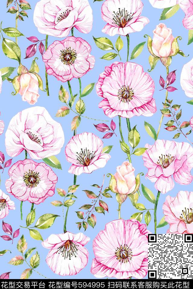 流行色浪漫花卉水晶粉传统印花华亿平台下载（图片编号: 594995） - 瓦栏（Walan）