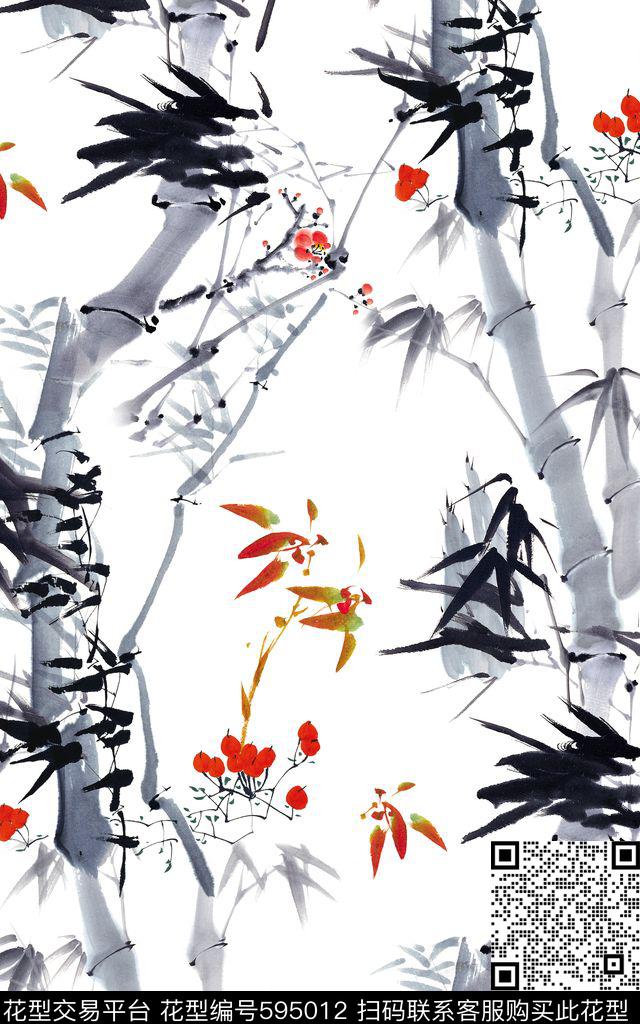 水墨中国风梅花数码印花华亿平台下载（图片编号: 595012） - 瓦栏（Walan）