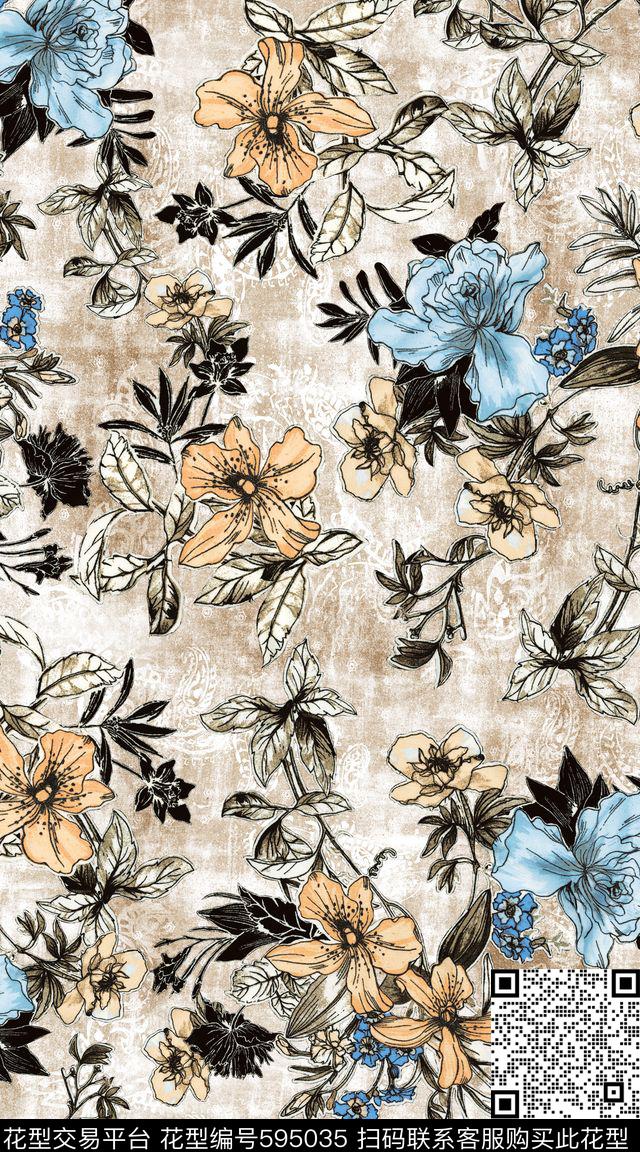 中国风花卉水彩花卉数码印花华亿平台下载（图片编号: 595035） - 瓦栏（Walan）