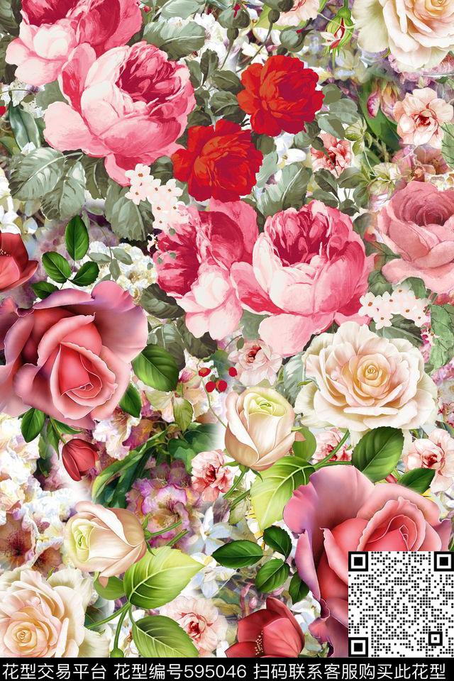 水彩花卉玫瑰数码印花华亿平台下载（图片编号: 595046） - 瓦栏（Walan）