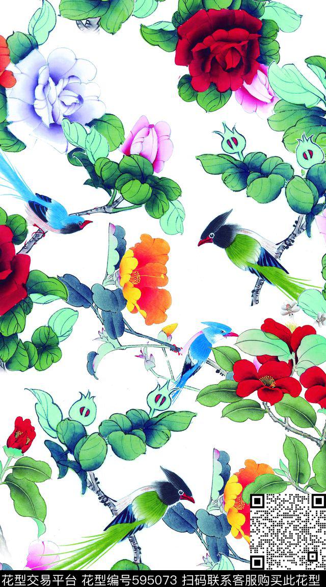 中国风牡丹花卉数码印花华亿平台下载（图片编号: 595073） - 瓦栏（Walan）