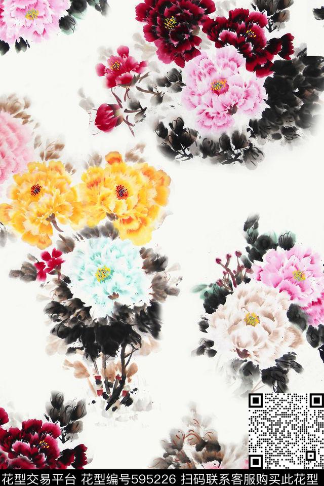水墨花卉中国风数码印花华亿平台下载（图片编号: 595226） - 瓦栏（Walan）