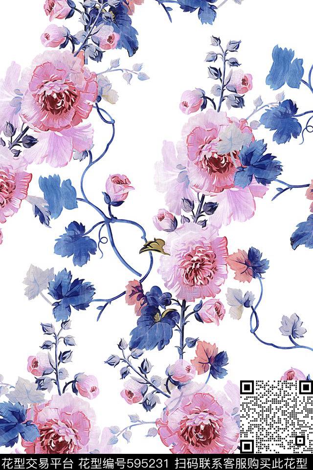 花朵花卉藤条数码印花华亿平台下载（图片编号: 595231） - 瓦栏（Walan）