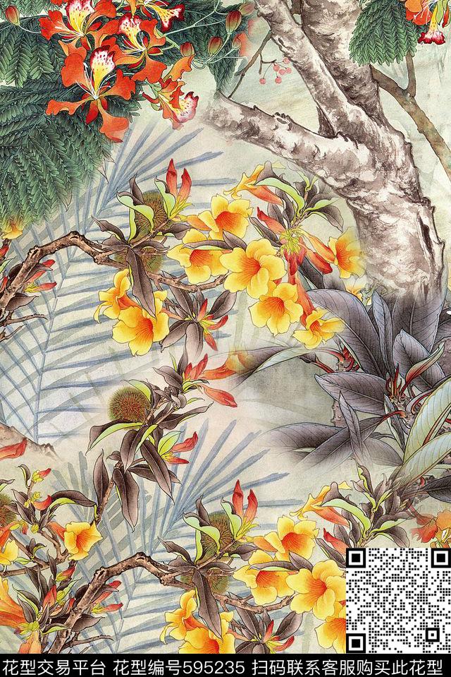 花卉中国风工笔画数码印花华亿平台下载（图片编号: 595235） - 瓦栏（Walan）