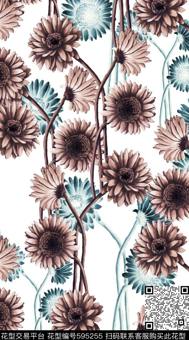 复古纵向花朵数码印花华亿平台下载（图片编号: 595255） - 瓦栏（Walan）