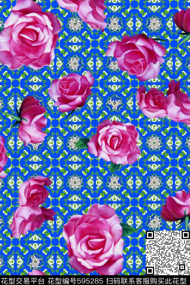 花卉玫瑰油画风格数码印花华亿平台下载（图片编号: 595285） - 瓦栏（Walan）