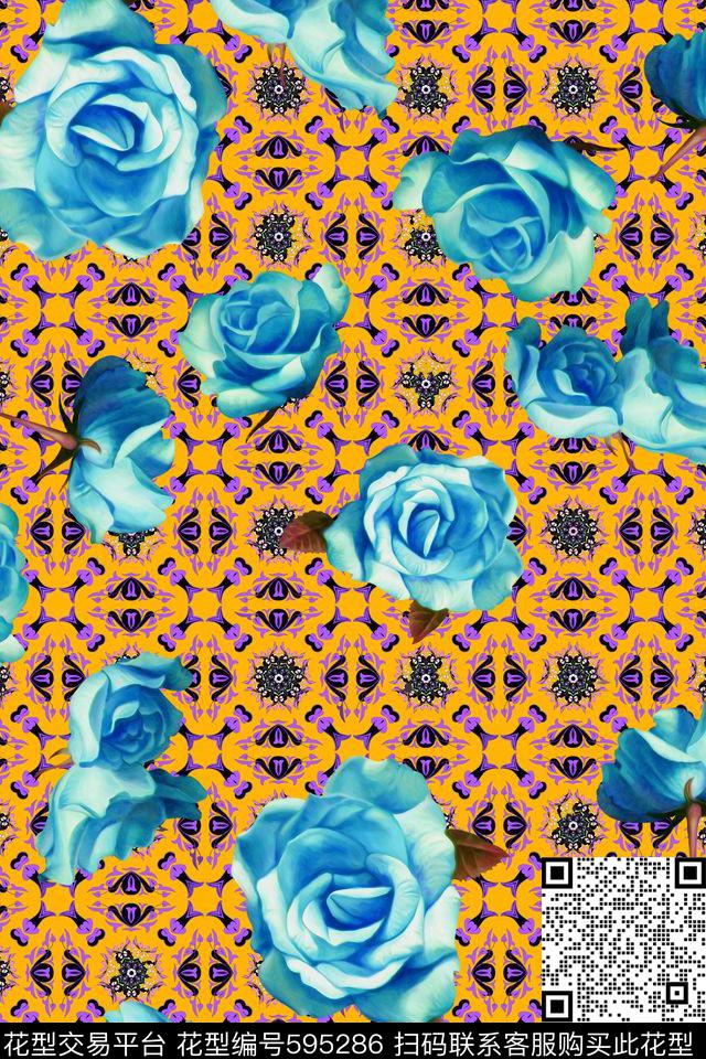 花卉玫瑰油画风格数码印花华亿平台下载（图片编号: 595286） - 瓦栏（Walan）