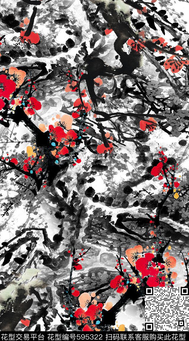 梅花工笔画中国风数码印花华亿平台下载（图片编号: 595322） - 瓦栏（Walan）