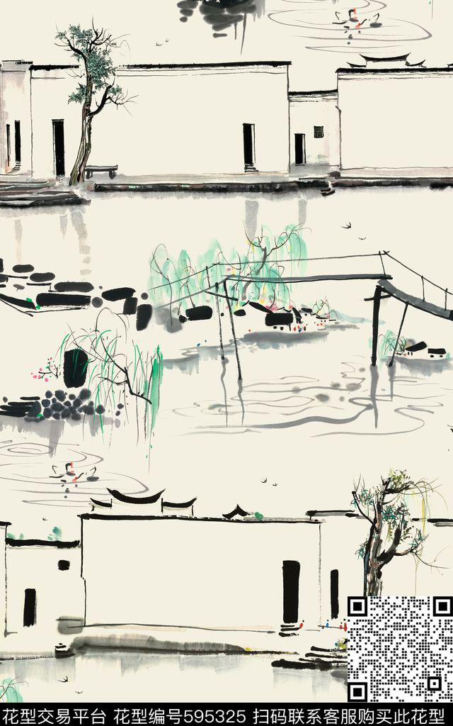 水墨房子大树传统印花华亿平台下载（图片编号: 595325） - 瓦栏（Walan）