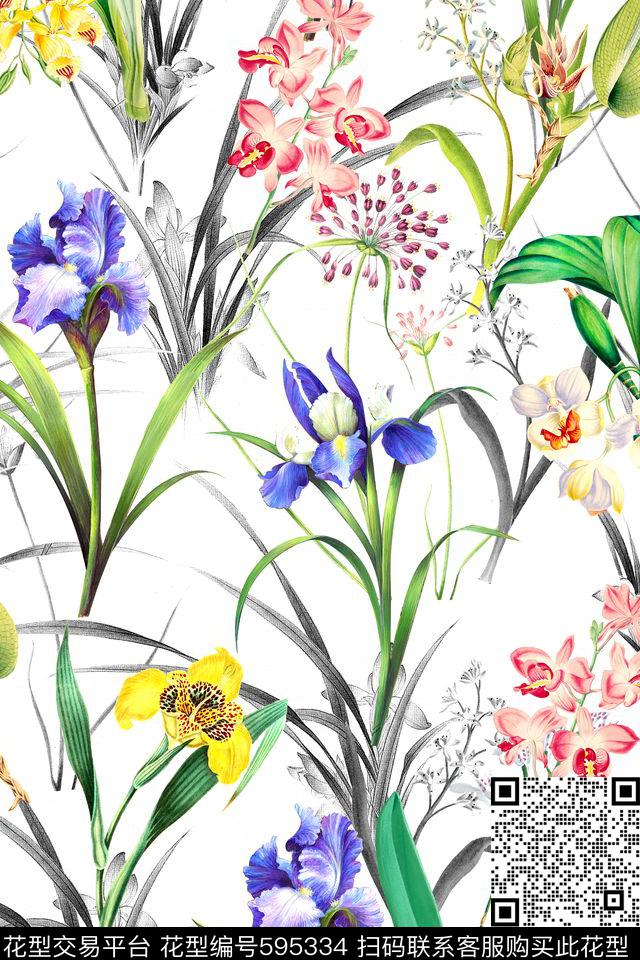 花朵手绘兰花数码印花华亿平台下载（图片编号: 595334） - 瓦栏（Walan）
