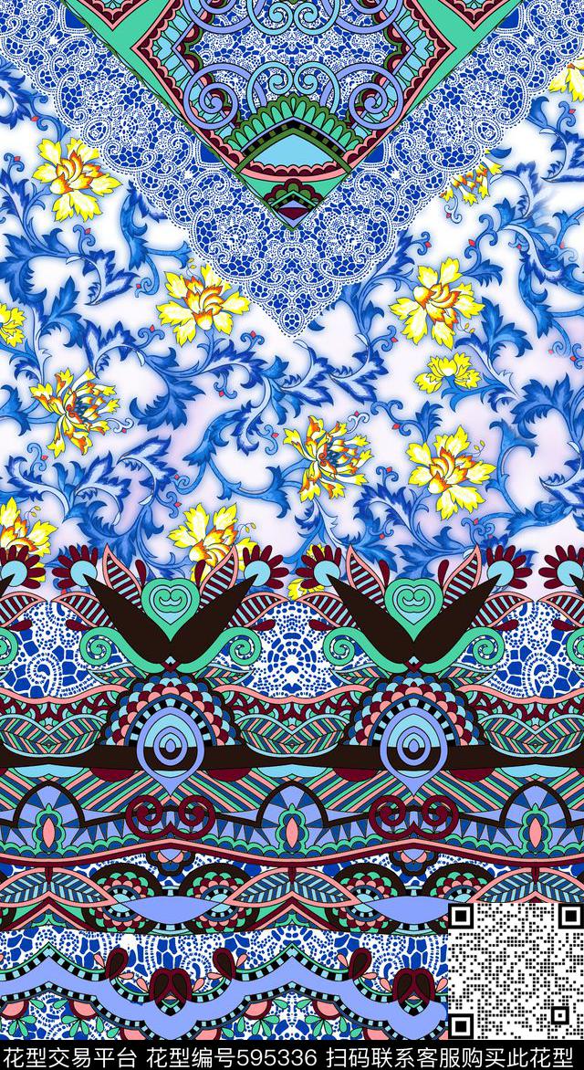 民族风青花瓷蕾丝数码印花华亿平台下载（图片编号: 595336） - 瓦栏（Walan）