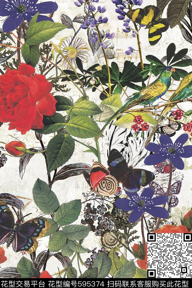 时尚复古玫瑰数码印花华亿平台下载（图片编号: 595374） - 瓦栏（Walan）