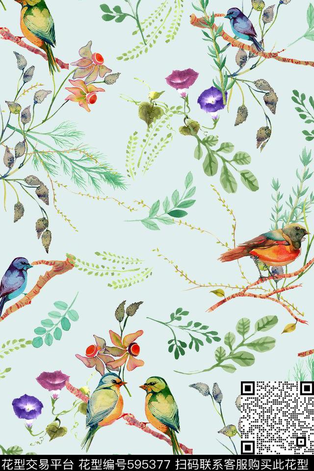乱花水彩手绘花鸟数码印花华亿平台下载（图片编号: 595377） - 瓦栏（Walan）