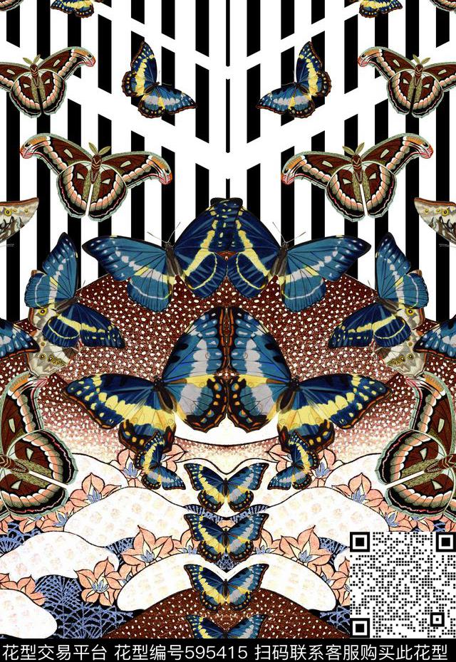 手绘蝴蝶条纹几何插画女装数码印花华亿平台下载（图片编号: 595415） - 瓦栏（Walan）