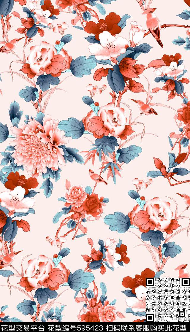 中国风、花鸟、牡丹花、工笔画中国风数码印花华亿平台下载（图片编号: 595423） - 瓦栏（Walan）