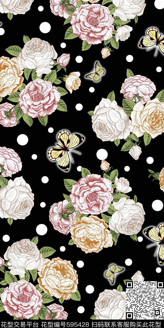 黑白花白花黑底传统印花华亿平台下载（图片编号: 595428） - 瓦栏（Walan）