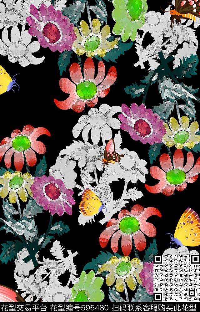 鸟昆虫图案风格花卉花卉数码印花华亿平台下载（图片编号: 595480） - 瓦栏（Walan）