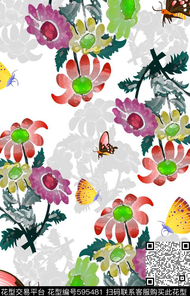 鸟昆虫图案风格花卉花卉数码印花华亿平台下载（图片编号: 595481） - 瓦栏（Walan）