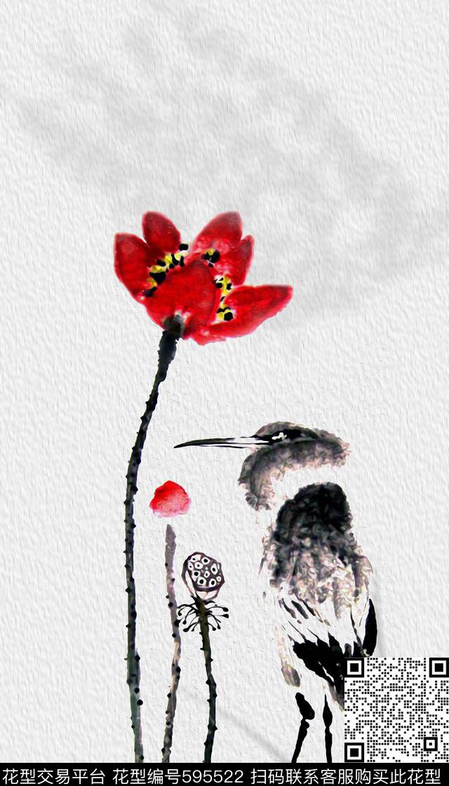 中国风水墨花鸟荷花印花华亿平台下载（图片编号: 595522） - 瓦栏（Walan）