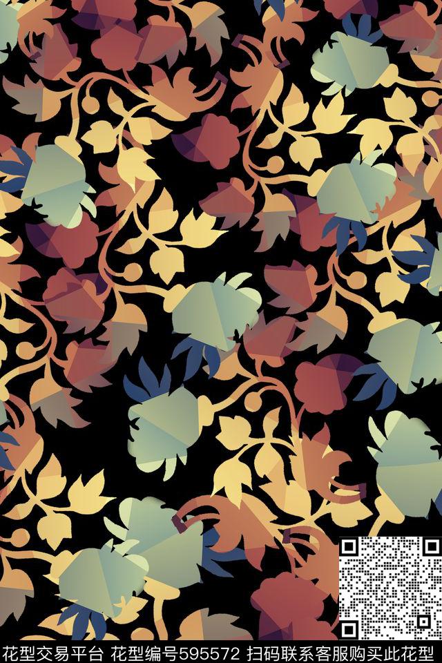 黑底花朵玫瑰数码印花华亿平台下载（图片编号: 595572） - 瓦栏（Walan）