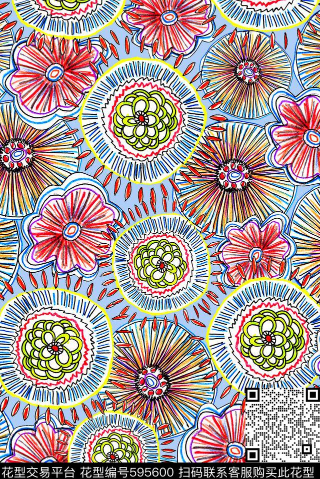 民族风手绘圆形数码印花华亿平台下载（图片编号: 595600） - 瓦栏（Walan）