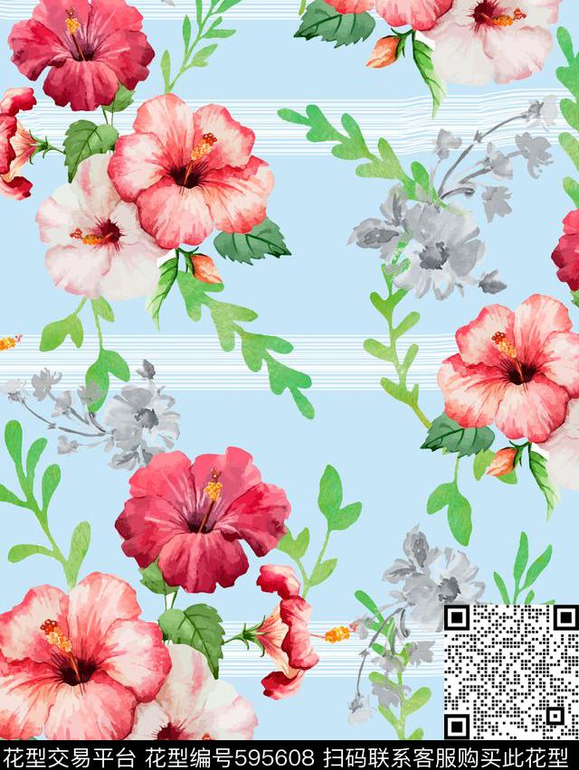 条纹时尚花卉数码印花华亿平台下载（图片编号: 595608） - 瓦栏（Walan）