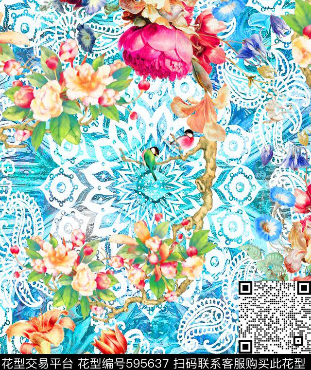 卷草纹民族风中国风数码印花华亿平台下载（图片编号: 595637） - 瓦栏（Walan）