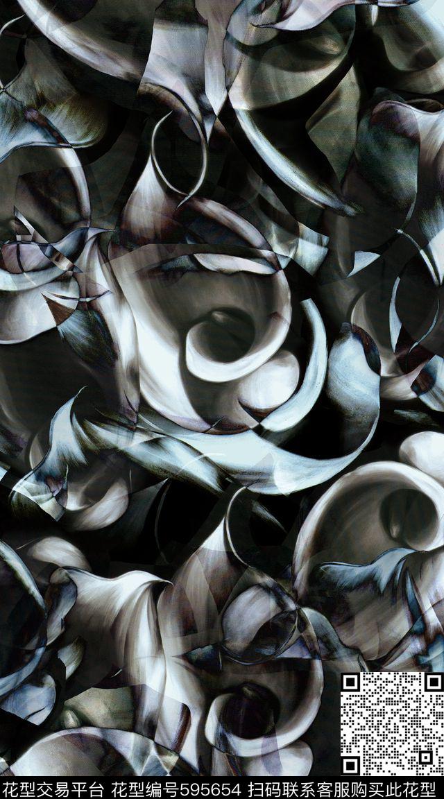 黑白花抽象黑底数码印花华亿平台下载（图片编号: 595654） - 瓦栏（Walan）