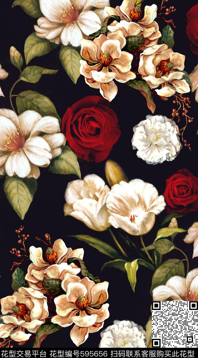 复古油画大花数码印花华亿平台下载（图片编号: 595656） - 瓦栏（Walan）